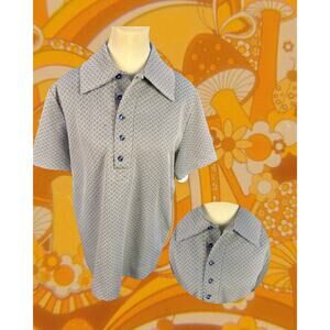 Vintage 70s Knit Stretch Blue-Gray Op Art Pattern Wing Collar Polo Shirt Size XL